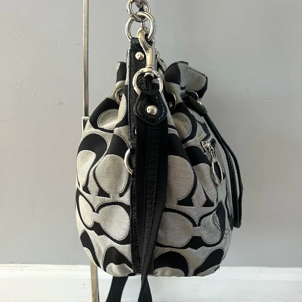 Coach Poppy Metallic Cinch Bucket Bag Black Gray Shoulder Crossbody Bag 17930
